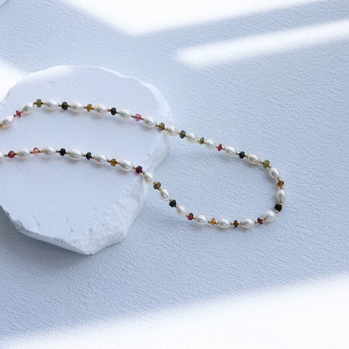 Colorful Gemstones Rice Pearls Beaded Necklace - Bohemian Romantic Chic